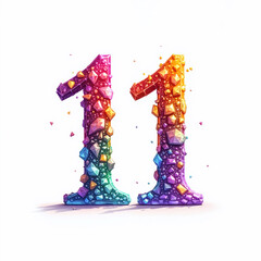 The number 11 is made up of multicolored gems and jewels, with a rainbow effect, on a white background, illustration for a birthday card.