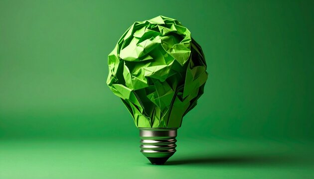 a Green crumpled paper light bulb on green background - Powered by Adobe