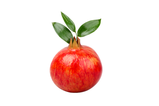 Glossy red pomegranate with green leaves, isolated, PNG