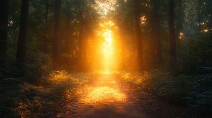 Golden Hour Path: A Mystical Forest Trail bathed in Sunlight