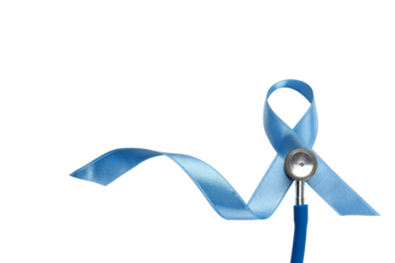 Blue ribbon and stethoscope for awareness, isolated on white, PNG