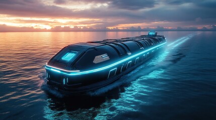 Futuristic Vessel at Sunset: A Sleek, Neon-Lit Yacht Cruises Across a Calm Ocean