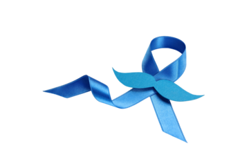 Blue ribbon tied with a mustache symbol, isolated on white, PNG