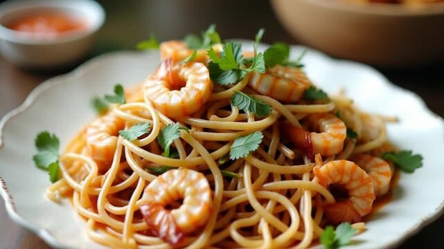 stir-fried noodles with shrimp and sprouts or Pad Thai - Asian food style