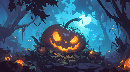 Pumpkin monster with carved face glowing inside