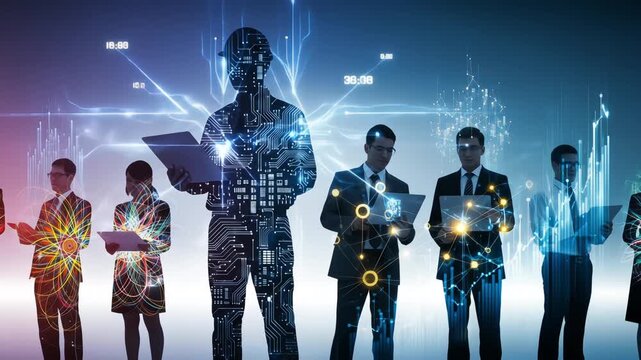 A team of professionals merges with glowing digital data, symbolizing the future of work and artificial intelligence