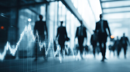 Professionals Walking in Office with Graph Overlay for Business and Financial Analysis Concept