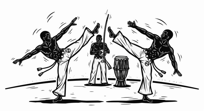 Vector art of a black and white woodcut style illustration of two men performing capoeira kicks with a third man and a drum in the background