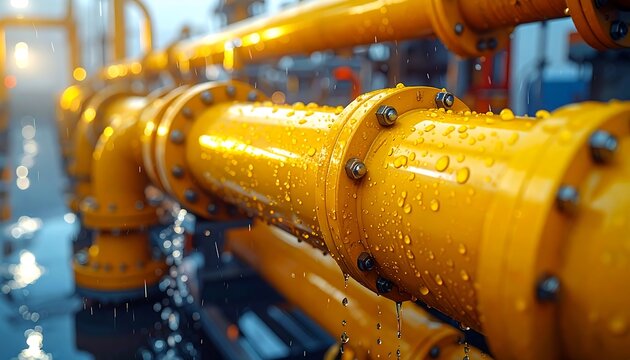 Rain-slicked close-up of industrial pipelines, painted bright yellow, suggesting energy transportation infrastructure. Water droplets cling to the surface