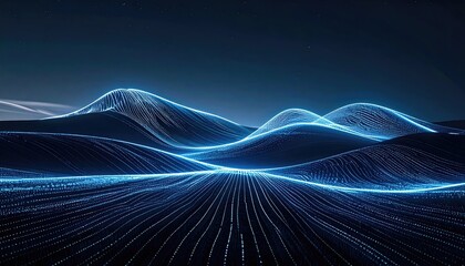 Abstract Landscape of Glowing Blue Triangular Polygons with White Outlines and Dark Background Digital Art