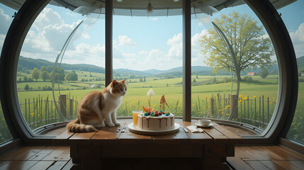 Isolation chamber hosts cat and cake combo. Countryside scenes provide city dwellers comfort.