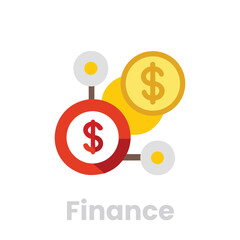 Finance icon isolated on white background depicting coins and a network, representing money, investment, connection, and the interconnected world of finance