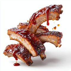 Succulent grilled ribs, glazed with a sweet sauce, elevated on a white canvas background.