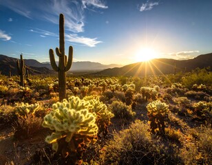 Desert sunset landscape with cacti