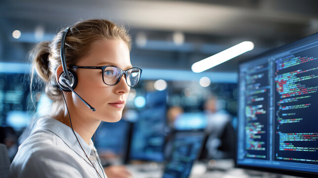 Professional woman using headset at desk while analyzing data on computer screens in office - Powered by Adobe