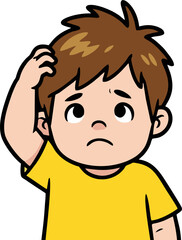 Pensive Young Boy Scratching Head in Yellow Shirt