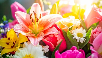 A vibrant bouquet of mixed fresh flowers featuring lilies, tulips, and daisies, adorned with water droplets and bathed in warm sunlight, perfect for celebrations.