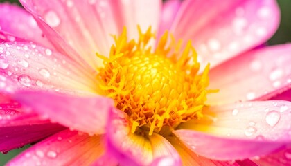 A vibrant pink flower with a bright yellow center, adorned with fresh water droplets on its petals, showcasing natural beauty and delicate detail.