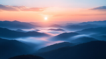 Fototapeta premium Misty Mountain Sunrise with Soft Pastel Sky