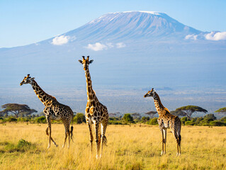 Fototapeta premium Majestic giraffes roam the African savanna near Kilimanjaro. 