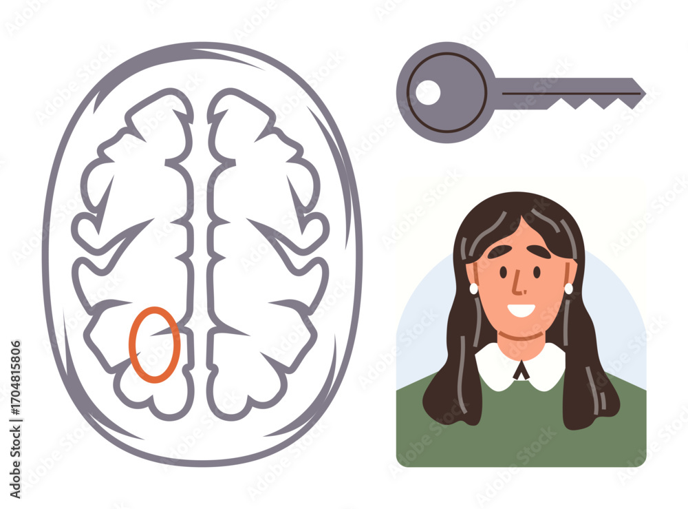 Aufkleber brain anatomy with orange-highlighted area, gray key representing unlocking memory, and smiling fema