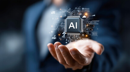 Fototapeta premium Hand Holding Computer Chip with AI Symbol and Digital Circuitry for Technology Concept