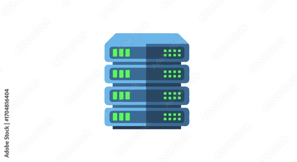 Poster flat vector single icon of stacked server racks with glowing green lights, minimal gradient blue and