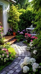 Tranquil garden escape: A serene pathway winds through vibrant floral abundance and lush greenery