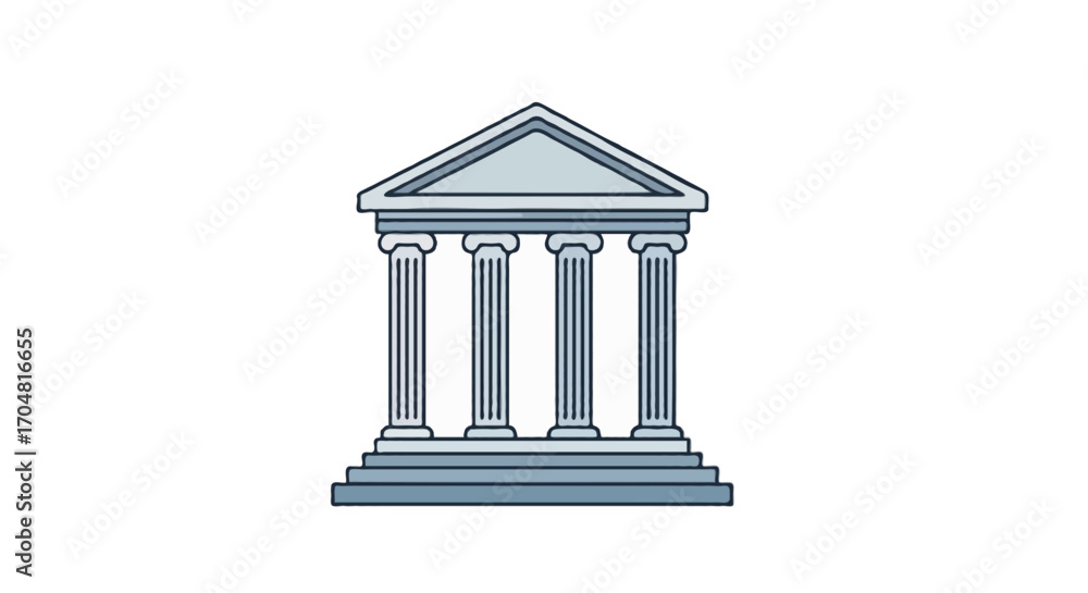 Poster flat vector single icon of a classical bank building with columns, light gray and blue gradient colo