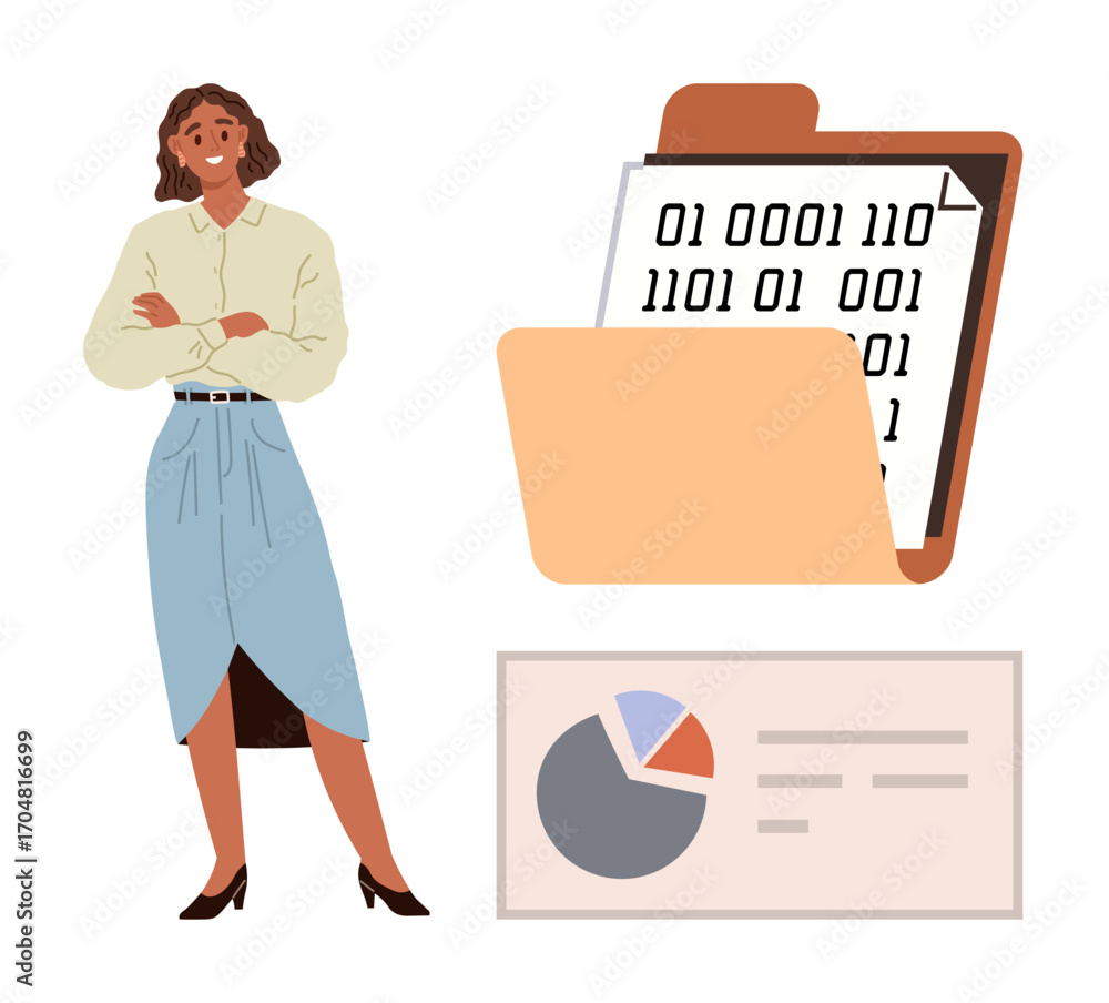 Aufkleber woman standing confidently beside binary data folder and pie chart analytics. ideal for teamwork, co