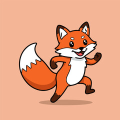 A lively fox skips forward with a big smile, one leg raised and tongue out, set against a peach background.
