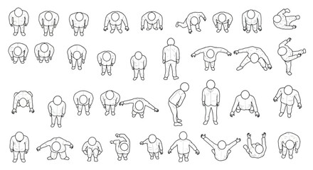 overhead people various activities from standing  bowing to stretching  exercising depicting diversity in movement for infographics  websites