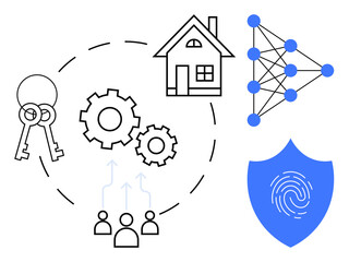Fototapeta premium Keys, house, gears, network, fingerprint shield symbolize smart home security, AI, teamwork, privacy and connectivity. Ideal for security innovation technology AI home automation privacy
