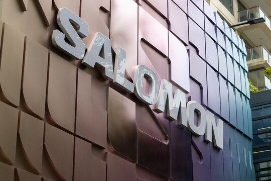 Shanghai, China - Aug 2, 2024: Closeup of the Salomon logo seen at its flagship store at Xintiandi in Shanghai, China. Salomon SAS is a French multinational sportswear and outdoor equipment company.
