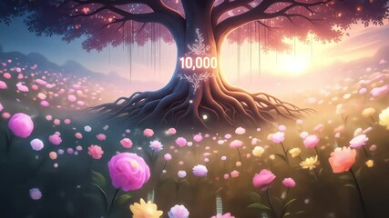 An enchanted journey through a mystical landscape of glowing flowers towards a sacred tree marking the 10,000 milestone