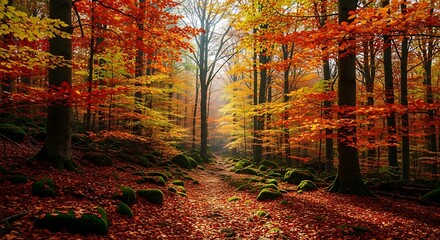Autumnal Forest Path - Vibrant Red and Gold Leaves.