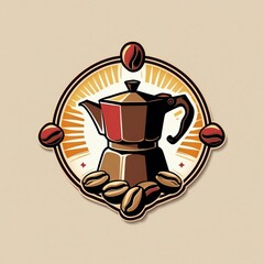 Classic Moka Pot Coffee Emblem with Radiant Coffee Beans for a Perfect Brew