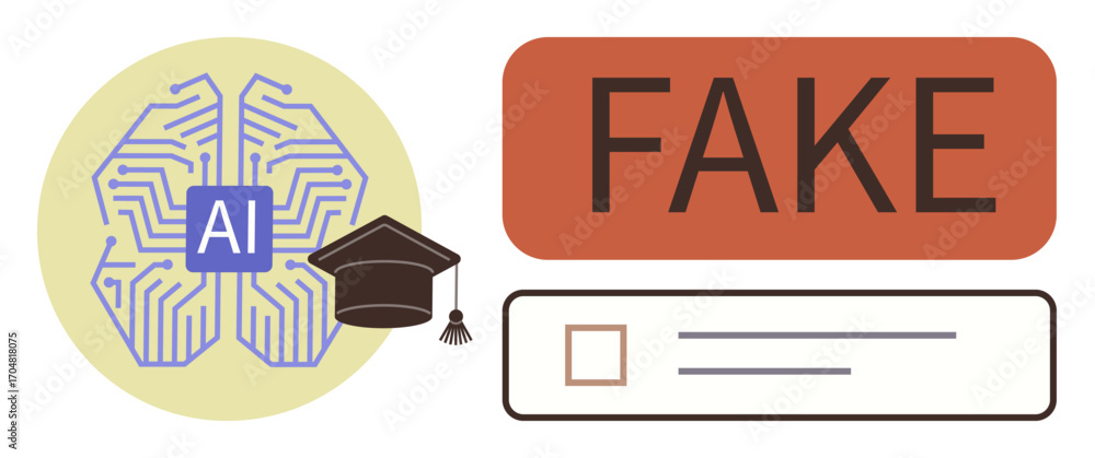 Poster ai brain with a graduation cap and fake text emphasizes artificial intelligences role in identifying
