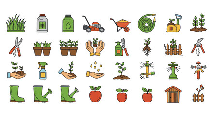 Fototapeta premium gardening tools and plants illustrations for landscaping or farming projects perfect for agriculture websites showing growth cultivation and maintenance