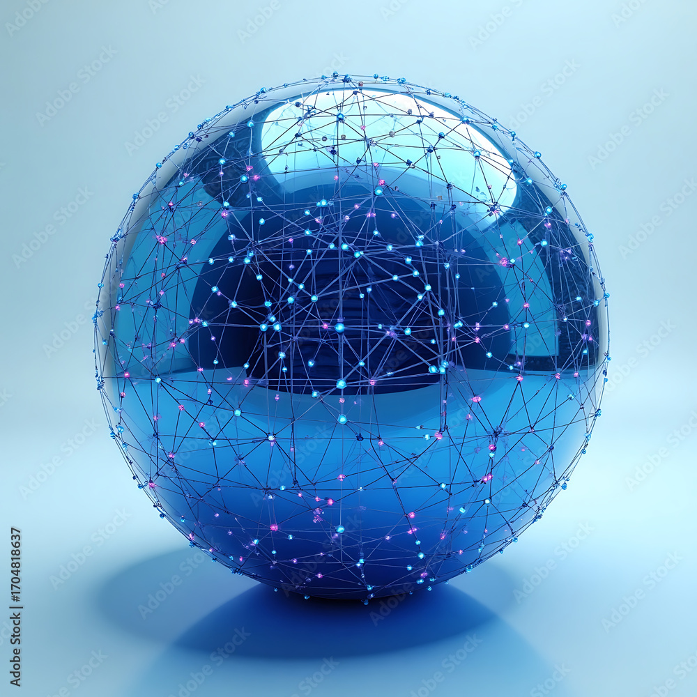 Poster dynamic 3d sphere with interconnected network, symbolizing technology and global connections