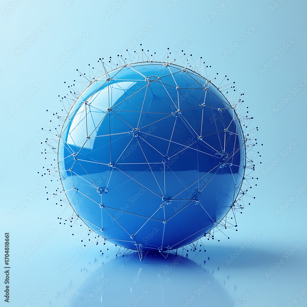 Poster dynamic blue sphere with interconnected network, representing global data and innovation concept