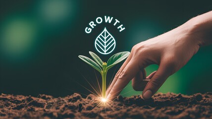 Hand Touching Small Green Plant Sprouting from Soil with Glowing Holographic Eco-Leaf Symbol and Floating Text GROWTH, Representing Sustainability and Environmental Development