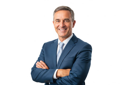 Happy middle aged business man company owner entrepreneur, smiling mature professional executive manager, confident businessman leader looking at camera standing arms crossed isolated white, portrait.