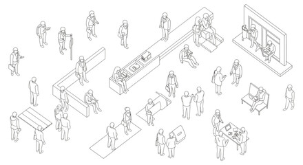 Obraz premium isometric business scene diverse people working collaborating in open office for corporate presentations illustrating teamwork workspace planning modern workplaces