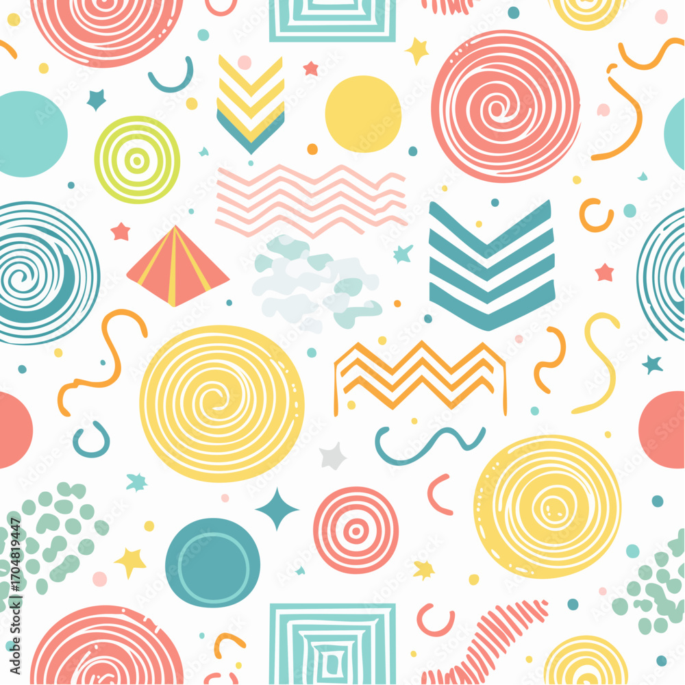 Poster abstract colorful shapes seamless pattern with circles stars and wavy lines 1