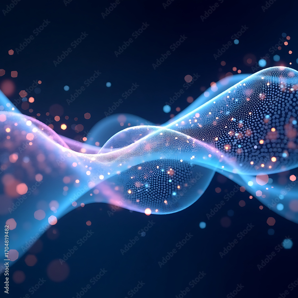 Poster dynamic abstract data visualization with flowing particles and a vibrant, futuristic aesthetic