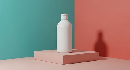 White Bottle on Pink Display Against Teal and Coral Background.
