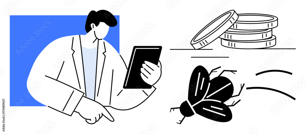 Poster man holding tablet points toward a concept with flying bug and coin stack. ideal for problem-solving