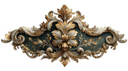 Luxurious baroque floral pattern with curled leaves in black and gold 3D frame, elegant watercolor hand-painted design, highly detailed intricate ornamental decoration, isolated on white background