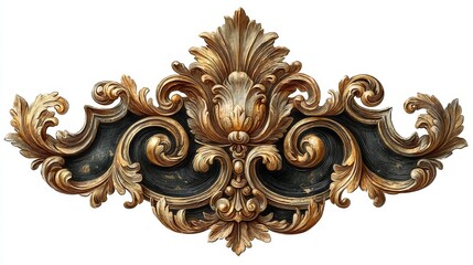 Luxurious baroque floral pattern with curled leaves in black and gold 3D frame, elegant watercolor hand-painted design, highly detailed intricate ornamental decoration, isolated on white background
